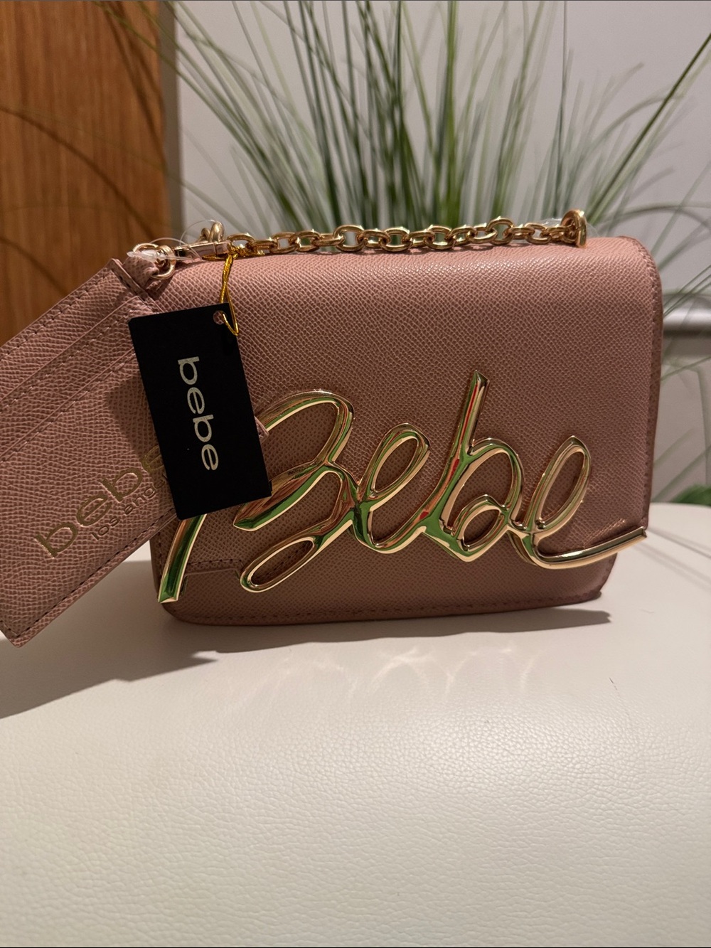 bebe Rose Gold Script Logo Chain Crossbody